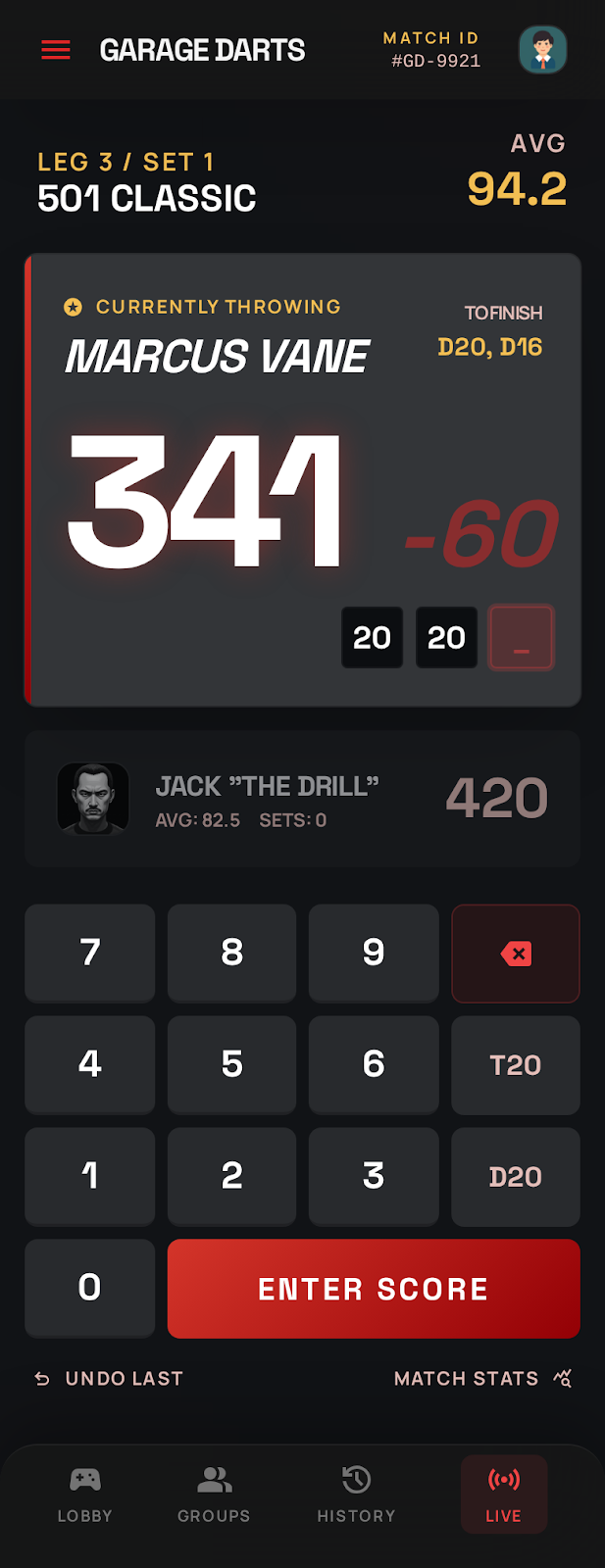 Garage Darts scoreboard
